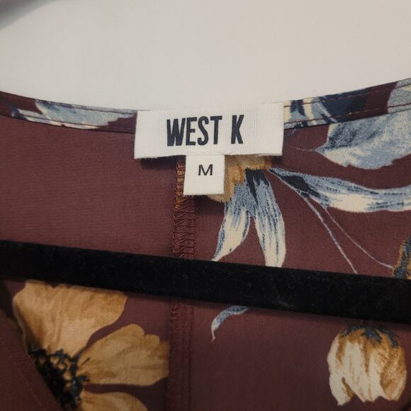West K Floral Blouse Size M Brown Short Sleeve Semi-sheer Lightweight Top Fall - Picture 2 of 8